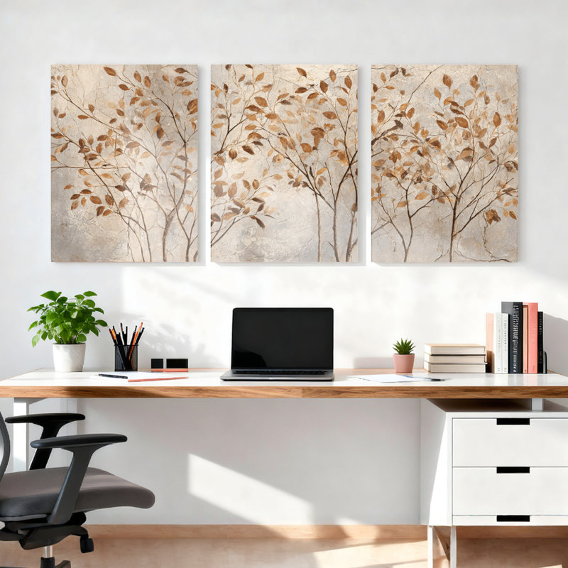 Ensemble de 3 tableaux abstraits sur toile, représentant des feuilles d'automne et des branches d'arbre, pour la décoration du salon, de la chambre ou de la maison.