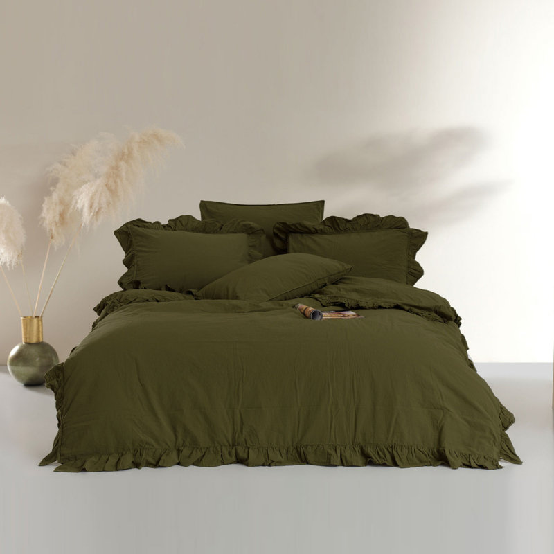Ensemble de housse de couette 100% coton Landwehr, Housse de couette simple + 1 taie d'oreiller 24 po, Vert olive foncé