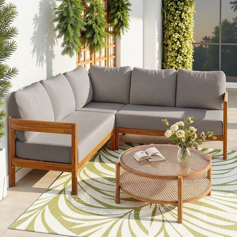 Acacia Solid Wood Patio Furniture Set, Outdoor L-Shaped Corner Sofa with 6 Soft Cushions, Rounded Arc Frame Design, All-Weather Conversation Set for Backyard, Garden, or Deck
