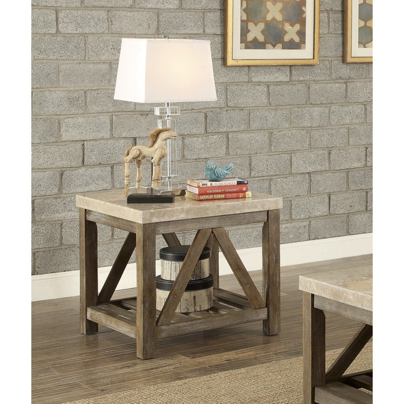 Industrial Style Angled Support 1Pc End Table With Bottom Shelf Marble Top Creamy White Wooden Living Room Furniture Side Table