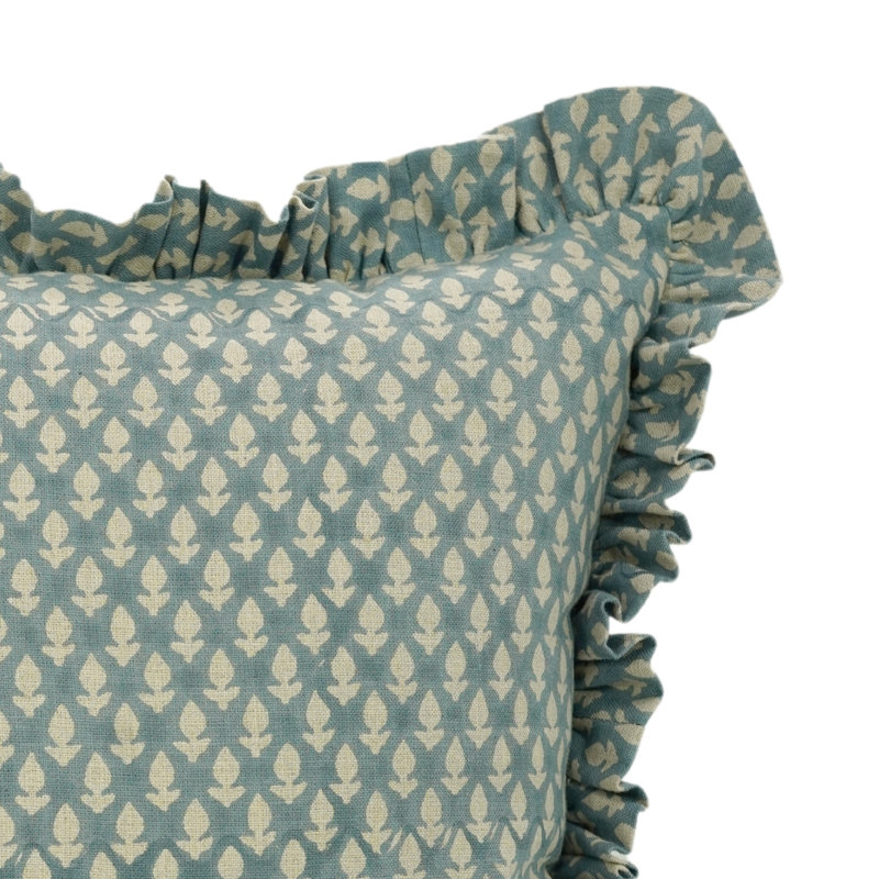Coussin décoratif à volants en lin fabriqué à la main avec imprimé bloc Fab Fabine pour canapé - 16 x 16 po, 16"H x 16"W