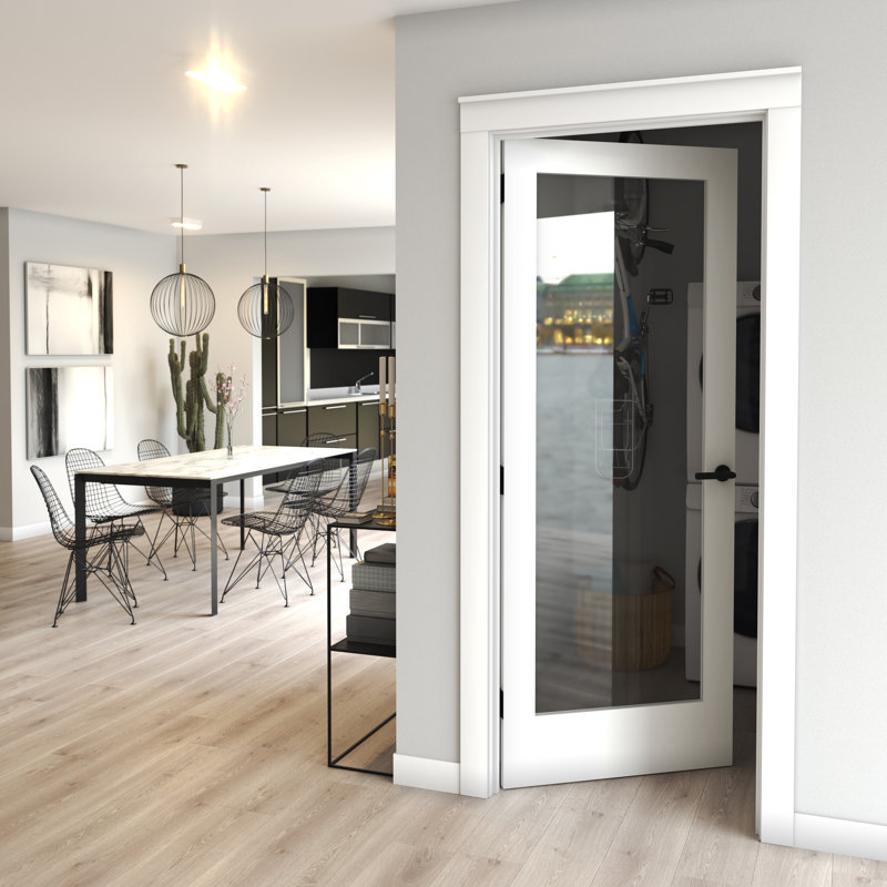 Primed White Solid Core Pine Wood Slab Door with Clear Glass