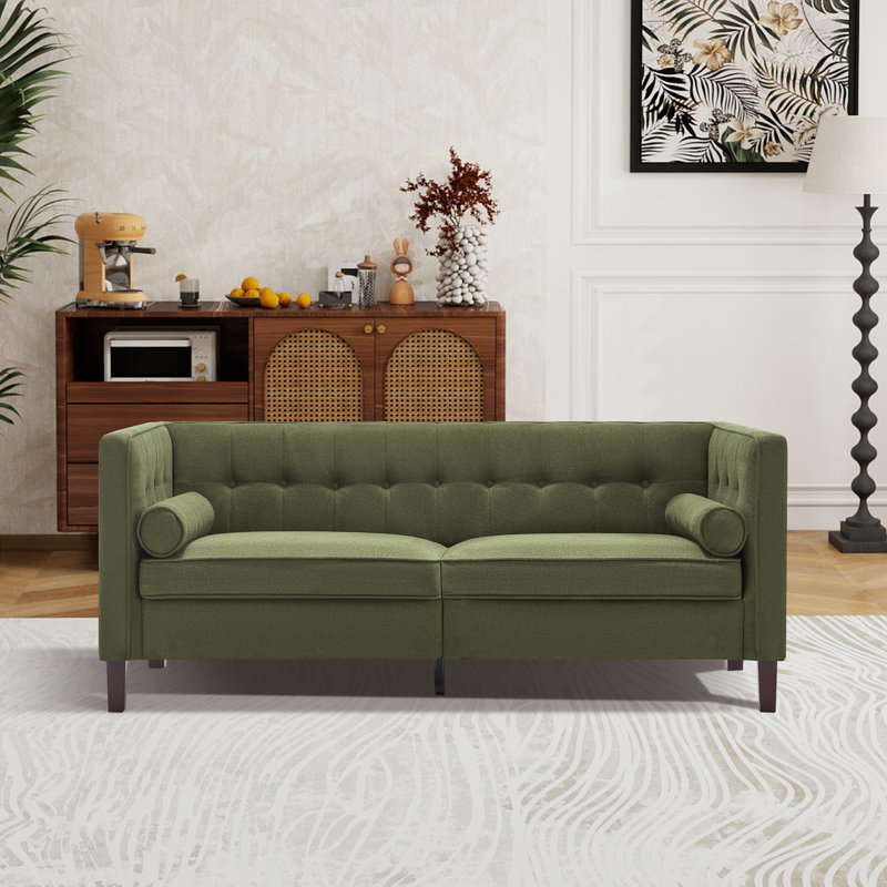 Canapé 78 po à accoudoirs carrés Mid-Century, Chenille vert olive