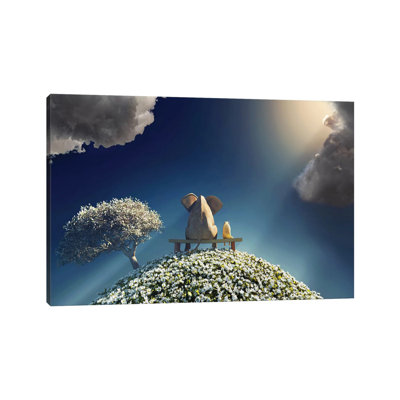 Elephant and Dog Sitting on a Spring Planet by Mike Kiev - Graphic Art Print on Canvas