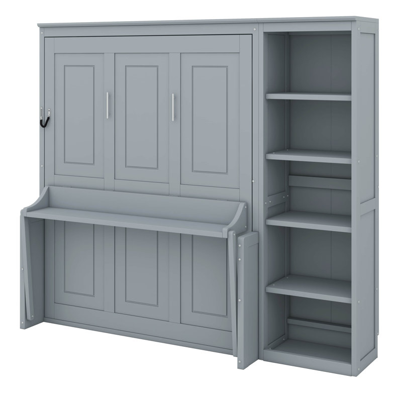 Lit escamotable avec bureau intégré et bibliothèque intégrée, gris, Grand
