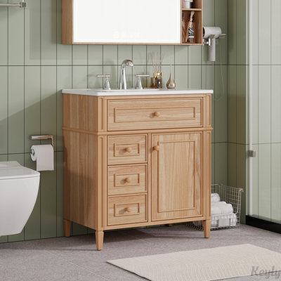Meuble-lavabo de 30 po avec lavabo, armoire en bois, tiroir rabattable, portes à fermeture en douceur, poignées élégantes, panneau de fibres à densité moyenne durable et bois massif