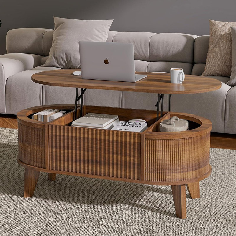 Table basse cannelée à plateau relevable avec rangement, table basse ovale moderne pour le salon ou le bureau à domicile (noyer)