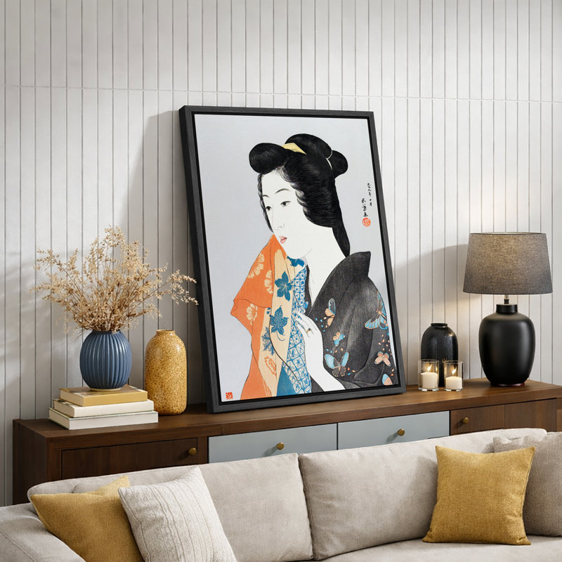 Illustration d'une jeune femme japonaise avec miroir à main Ukiyo-e, H 24 po x l 16 po x P 1,5 po, Cadre flottant noir