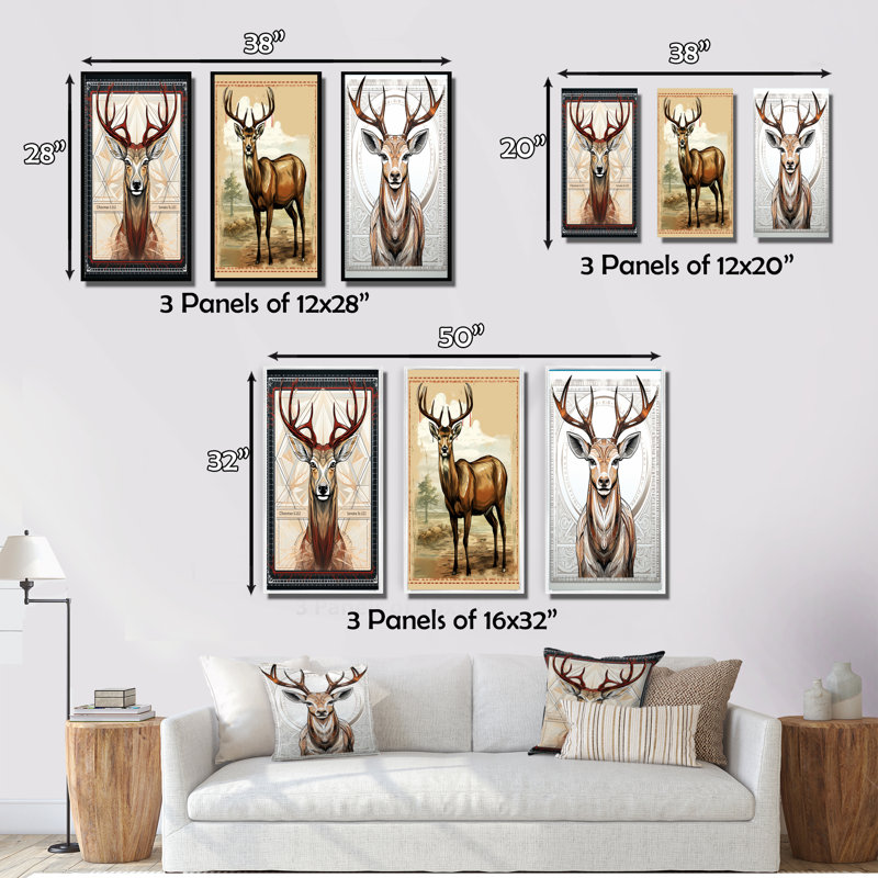 Majestic Deer Retro Illustration - Animals Deer Art Set Of 3 Pieces, Encadrement doré, H 32 po x l 48 po