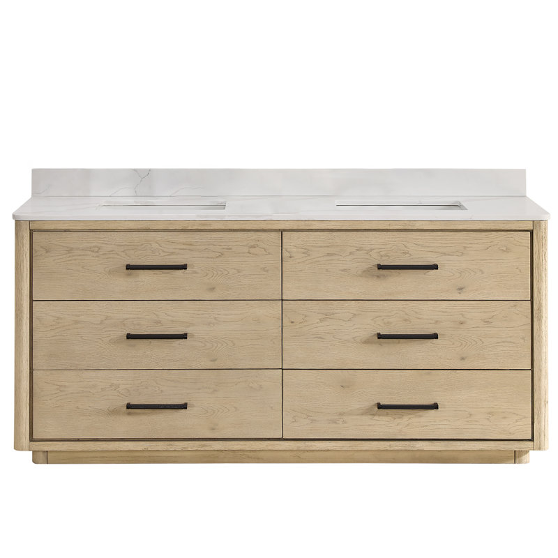 Meuble-lavabo double autoportant 72 po avec plateau en quartz Calacatta Porto, Chêne naturel, Noir mat