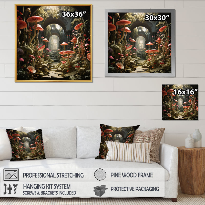 Champignon le jardin secret - imprimé, H 30 po x l 30 po x P 1 po, Cadre flottant noir