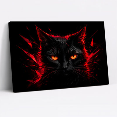 Art sur toile, "Chat noir avec yeux orange brillants et éclats rouges"