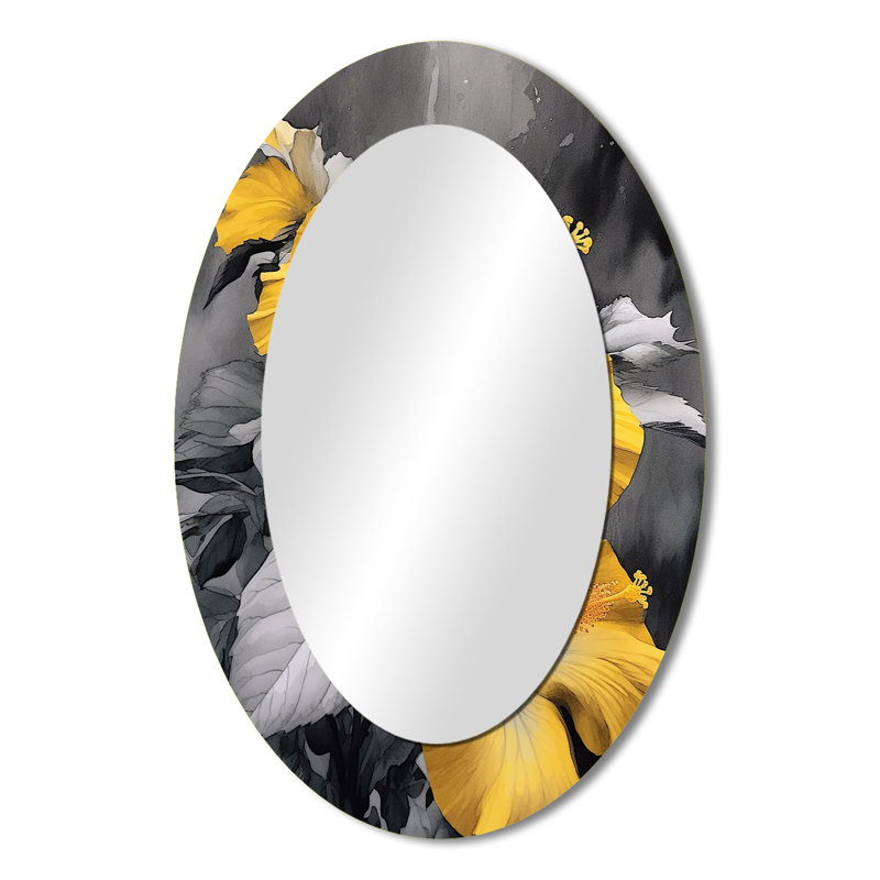 Jaune et gris Hibiscus Serenade I - Miroir décoratif floral ovale sur métal, 36 po x 24 po