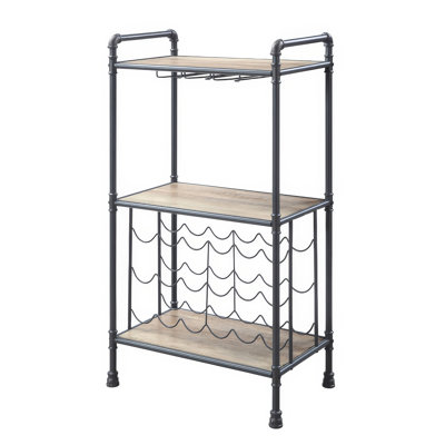 Coleen 3 Tier Wine Rack, Oak Brown Wood Shelves, Industrial Metal 45 Inch