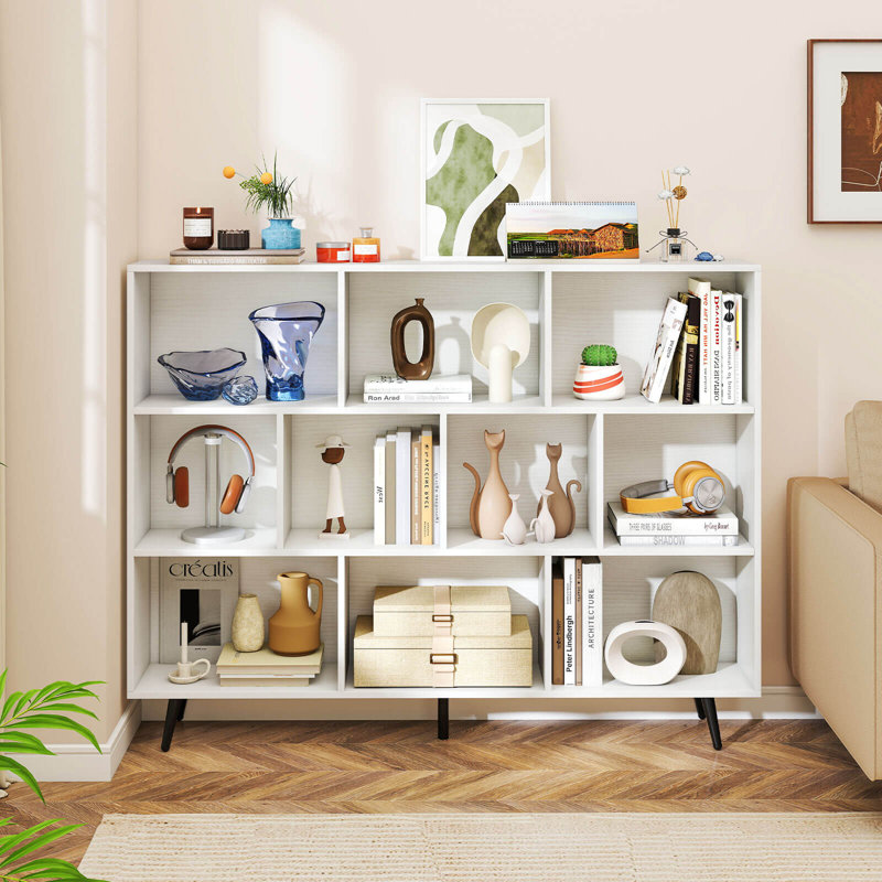Bibliothèque 10 cubes avec 3 niveaux de rangement et 5 pieds en métal, H 42 po x l 55 po x P 9,5 po