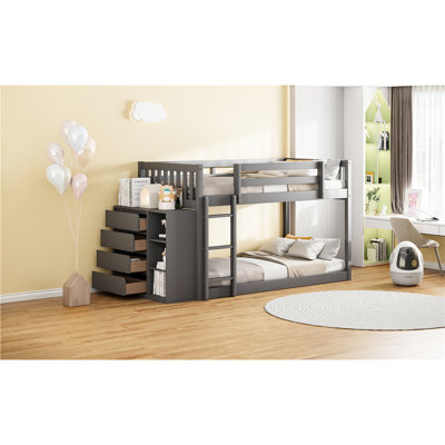 Twin Over Bunk Bed With Gray Color And Space Storage Functional Drawer Shelf Space