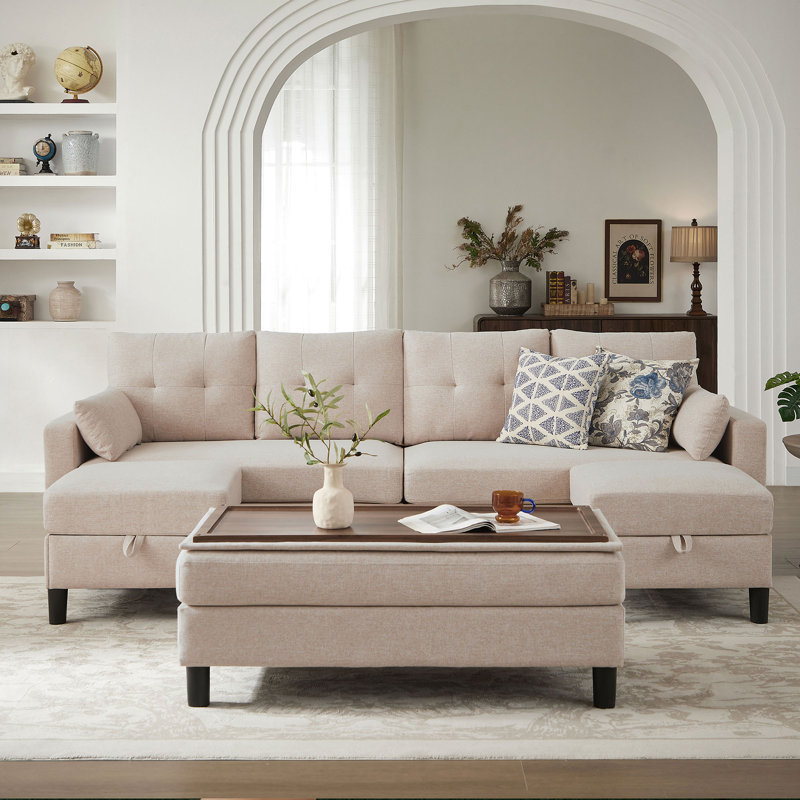 Canapé modulaire en U de 100,79 po de largeur avec lit-couchette et repose-pieds long avec table basse, Polyester beige