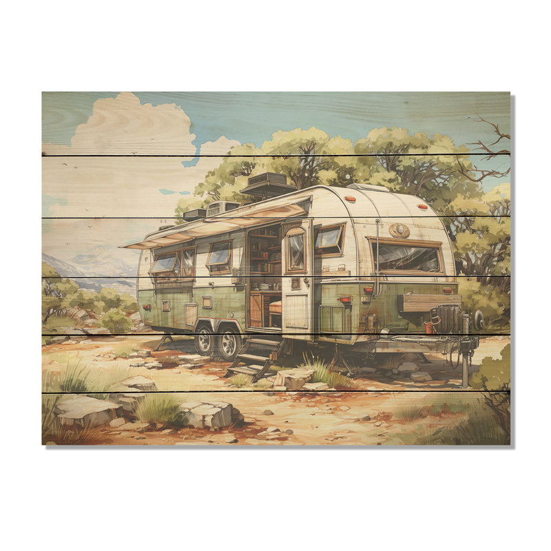 Paysage de camping fourgon - Art mural en bois sur bois de pin naturel, H 10 po x l 20 po