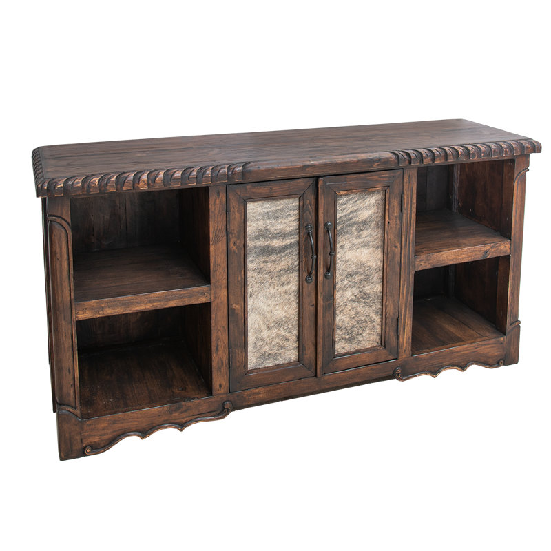 Carved Solid Wood Console Table with Cowhide Inserts