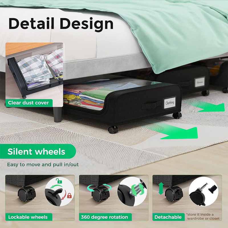 Black Plastic Under Bed Storage Box with Clear Lid and Wheels