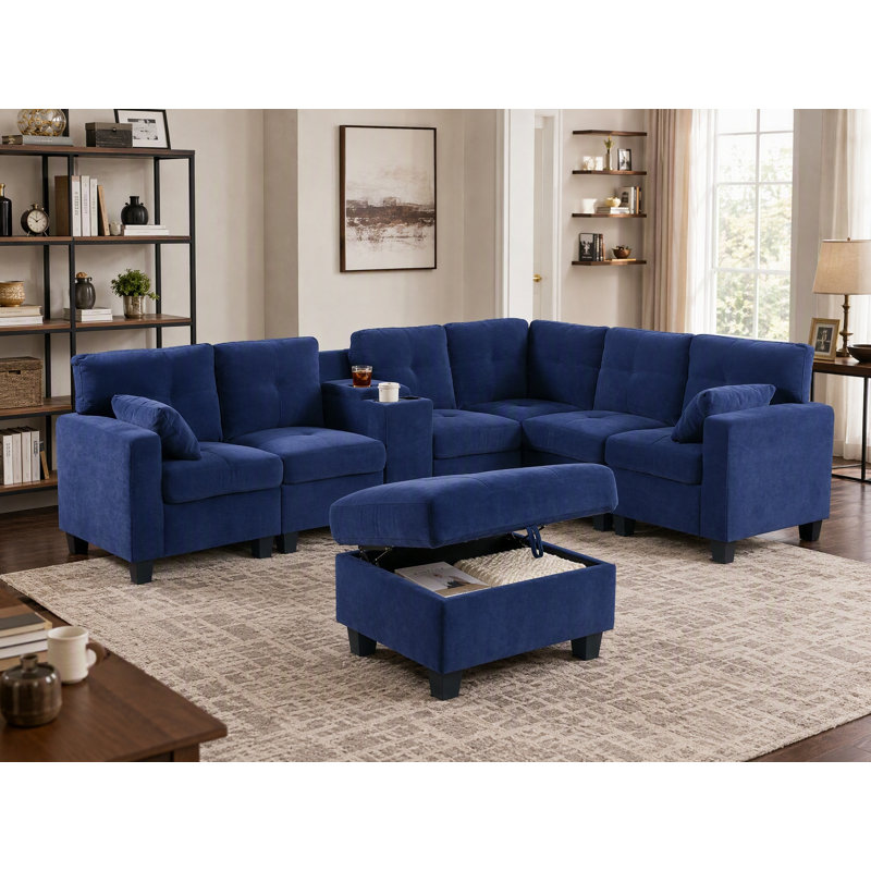 Canapé d'angle modulaire de 301,5 cm de large avec porte-gobelets, rangement, port USB et pouf de rangement
