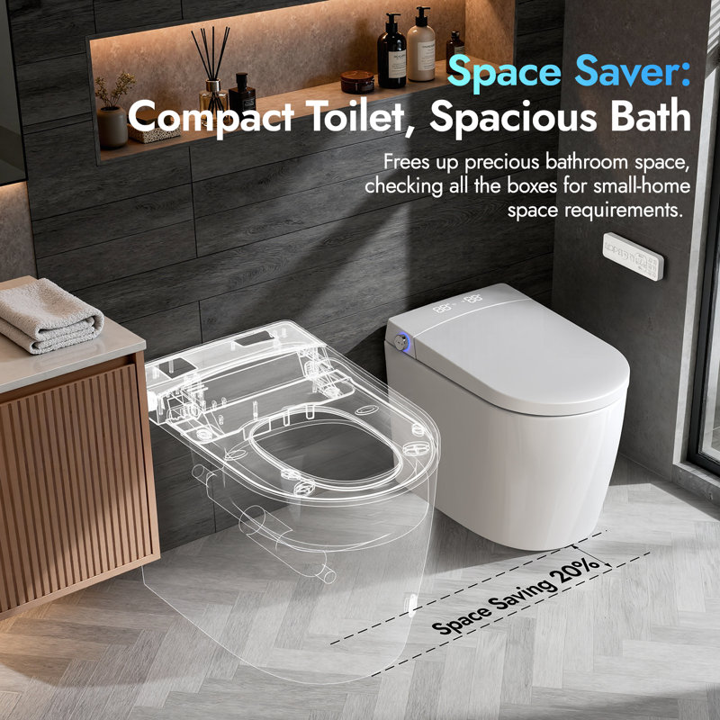 BCANHOME Compact Smart Toilet with Bidet, Auto Open/Close Lid, Heated Seat, 1.28 GPF Flush, Warm Wash & Dryer, Massage Clean, Soft-Close, Remote Control, Gentle Night Light, Space-Saving