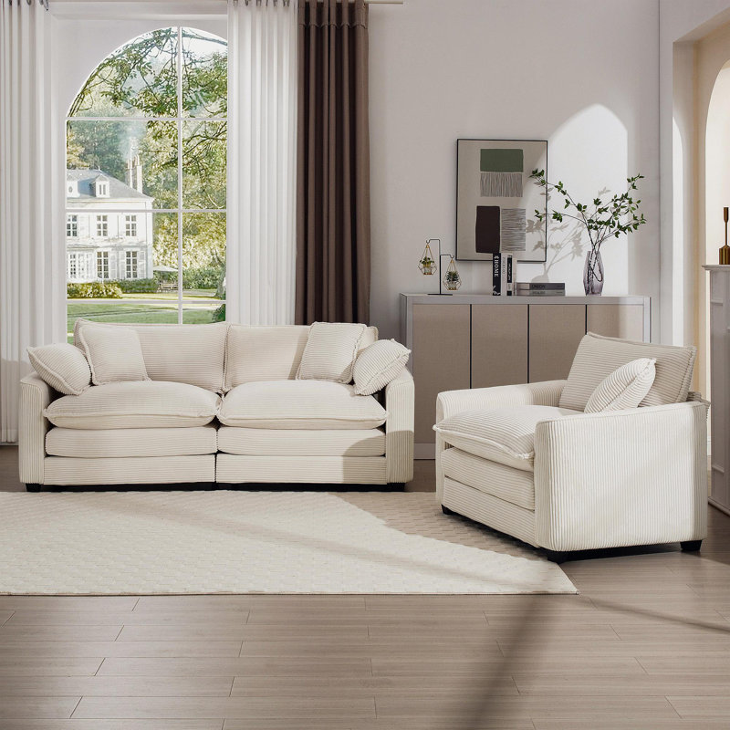 Ensemble de canapé de salon en tissu moderne deux pièces, deux canapés 2 places avec 8 coussins, un grand canapé rembourré à siège profond, tissu en velours côtelé beige clair