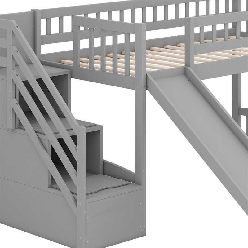 Loft Bed With Stairway And Slide, Gray