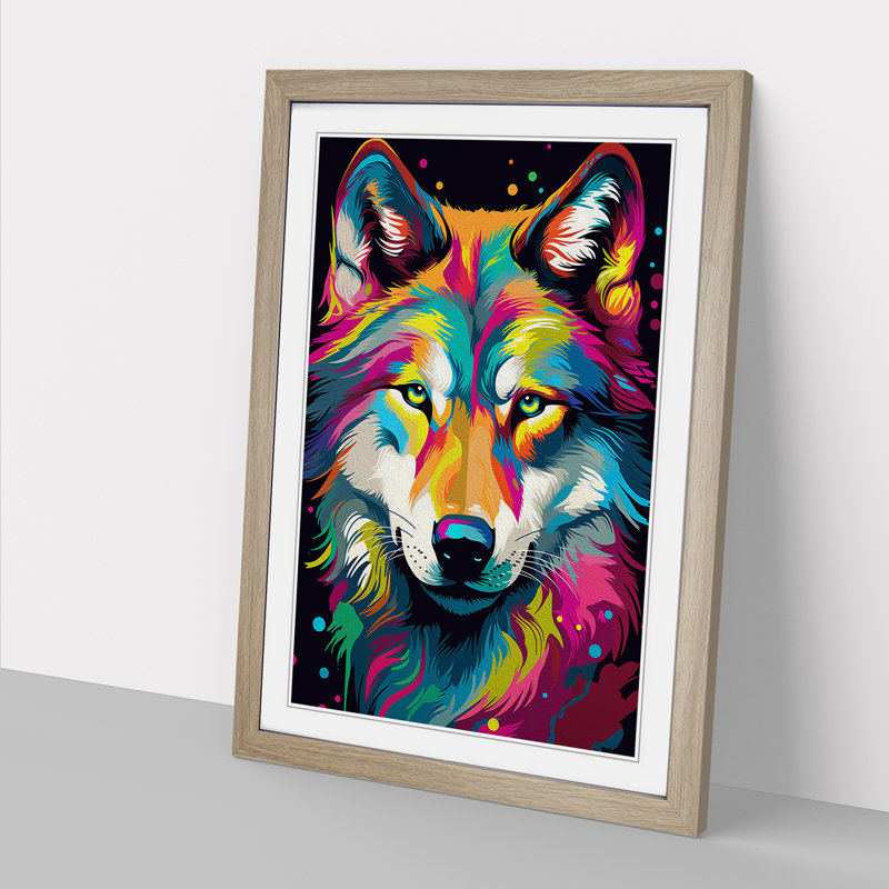 Wolf Pop - Single Picture Frame Print on Wood, 64cm H x 46cm W x 2cm D, Oak