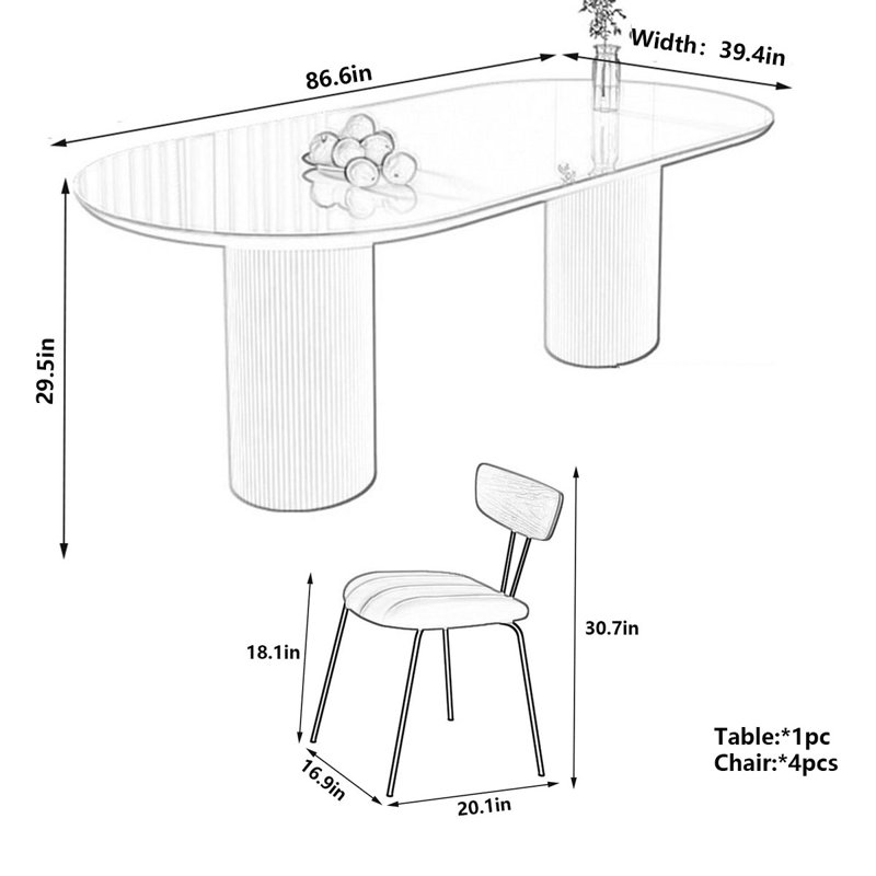 Table de salle à manger en pierre matte avec pieds colonne romaine, H 29,5 po x L 86,6 po x l 39,4 po