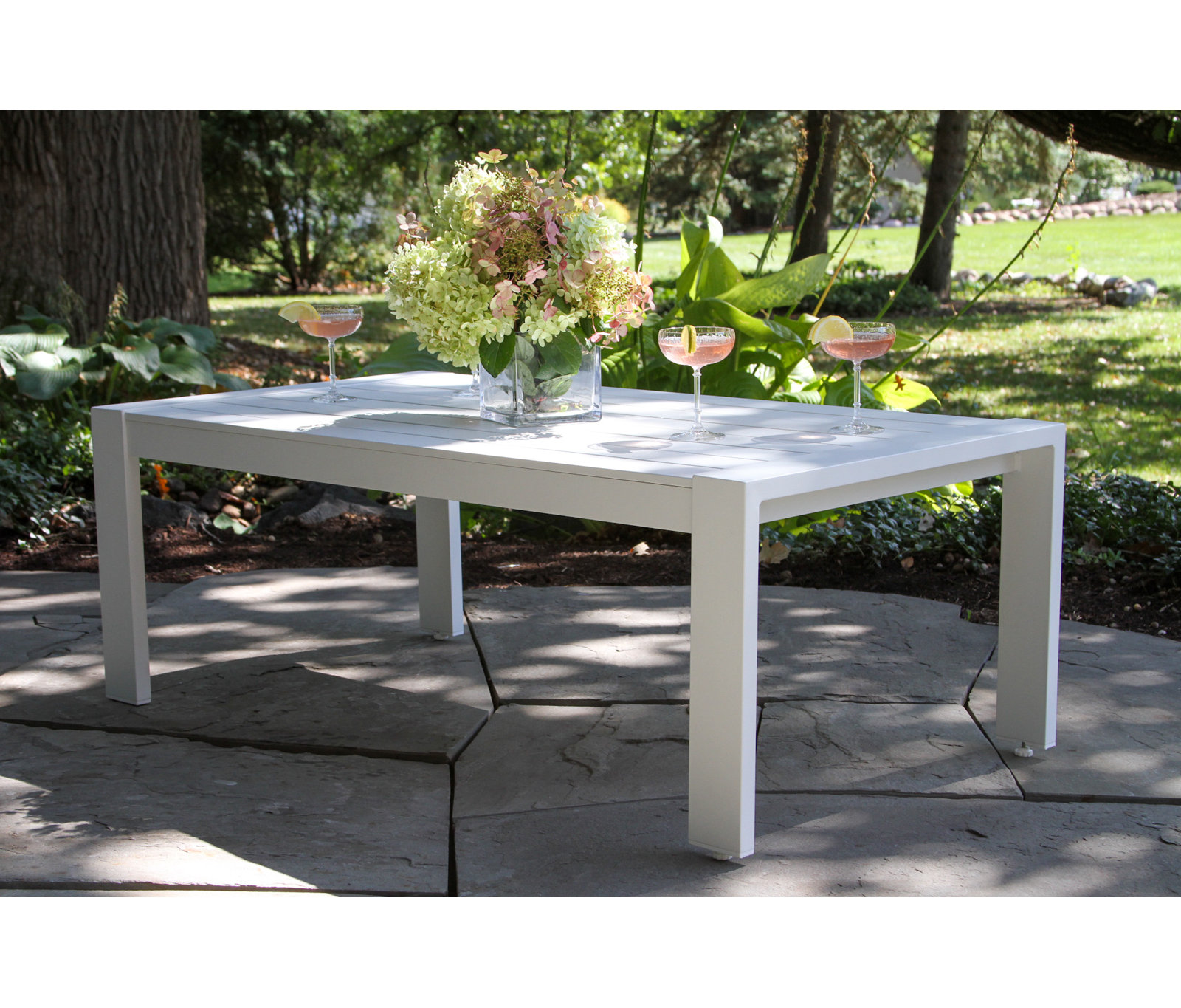 Jayton 8-Person Patio Seating Group, Blue Cushion/White Frame, 5 Pcs: Table, 2 Chairs, 2 Sofas