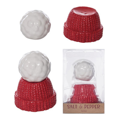 Dolomite Snow Beanie Salt and Pepper Set of 2, Salt and Pepper Shaker, Red, Ceramic, Table, Kitchen, Christmas, Tabletop
