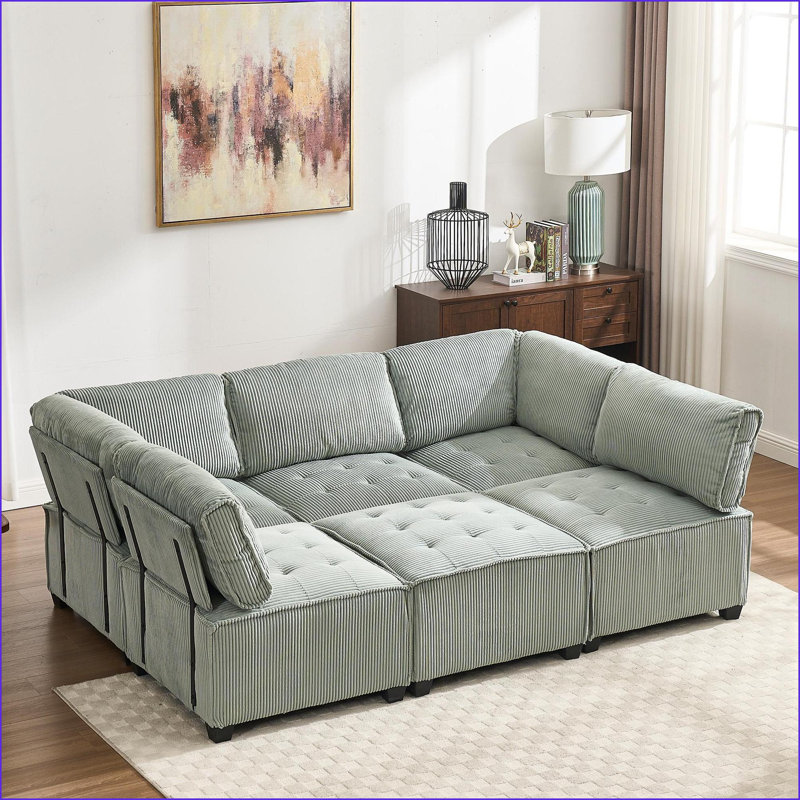 Sectional Sofas Modular U-Shaped 6-Seat with Reversible Chaise for Living Room | Mint Green | Corduroy, Mint Green Corduroy