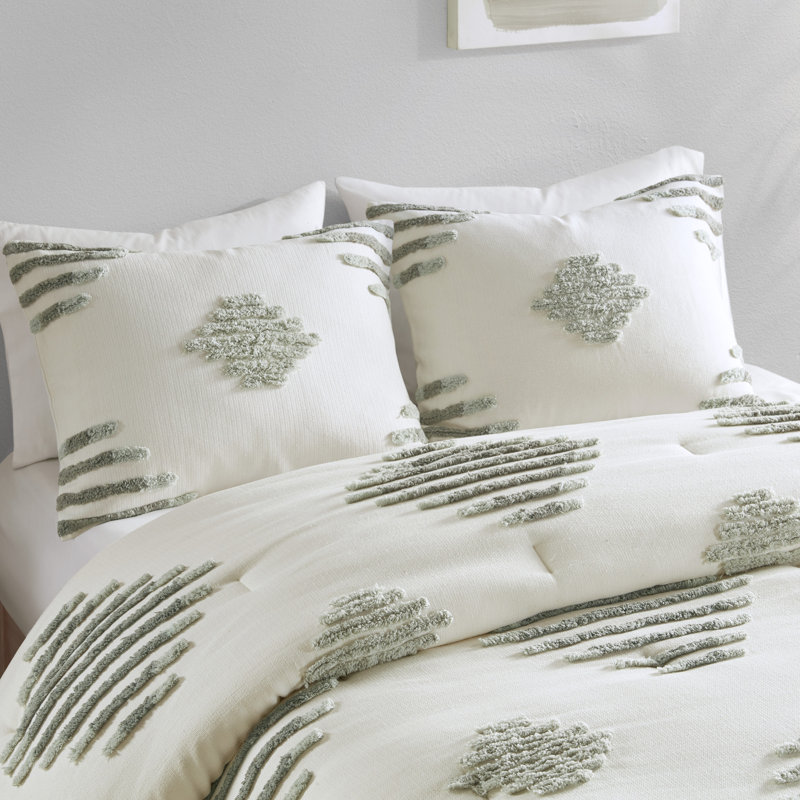 Ivory and Green Cotton Blend Chenille Full Comforter Set