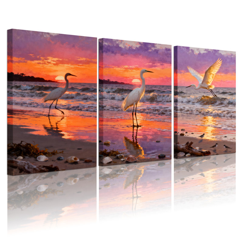 Ensemble de 3 tableaux sur toile représentant un héron au coucher du soleil sur la plage, H 24 po x l 48 po