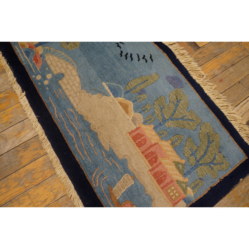 Antique Art Deco Small Scatter Size Wool Blue Rug