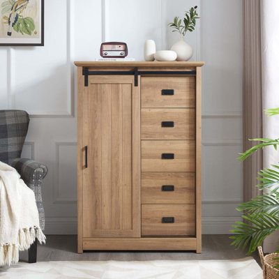Commode de ferme Daneal avec 5 tiroirs, porte de grange coulissante et tablettes réglables