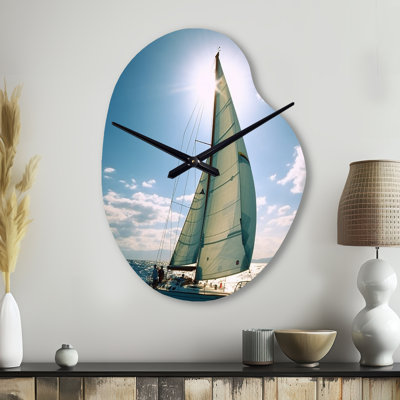 Sailing Boat Solitude Photo II - White Irregular Shape Metal Wall Clock, Modern Asymmetrical Wall Clock Print