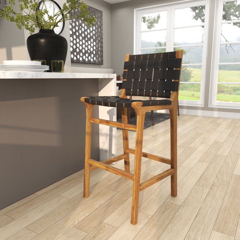 Tabouret de bar en cuir de teck avec repose-pieds Markus, Noir