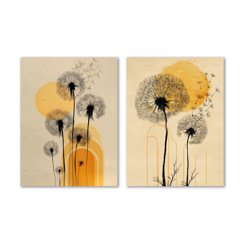 «Springtime Dandelion Sunset» - ensemble de 2 reproductions d'art mural botaniques en métal noir, 32" H x 48" W