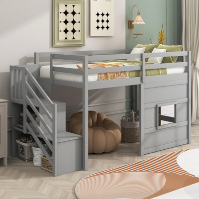 Twin Size Loft Bed With Fun Window And Staircase Storage, White - Wood Frame, Mattress , No Box Spring Storage Playful Stable Frame