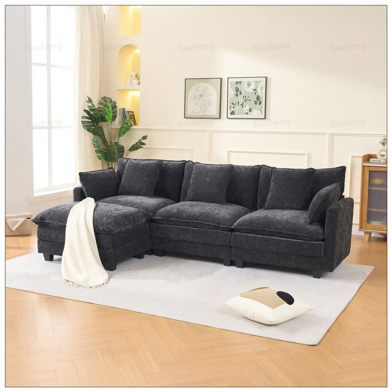 Canapé 3 places avec repose-pieds avec rangement pour le salon, l’appartement et les espaces compacts, canapé modulaire en L avec repose-pieds