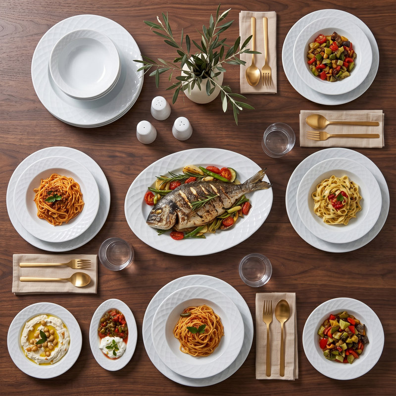 Service de table en porcelaine blanche matelassée Diamond (service de 36 pièces pour 6 personnes)