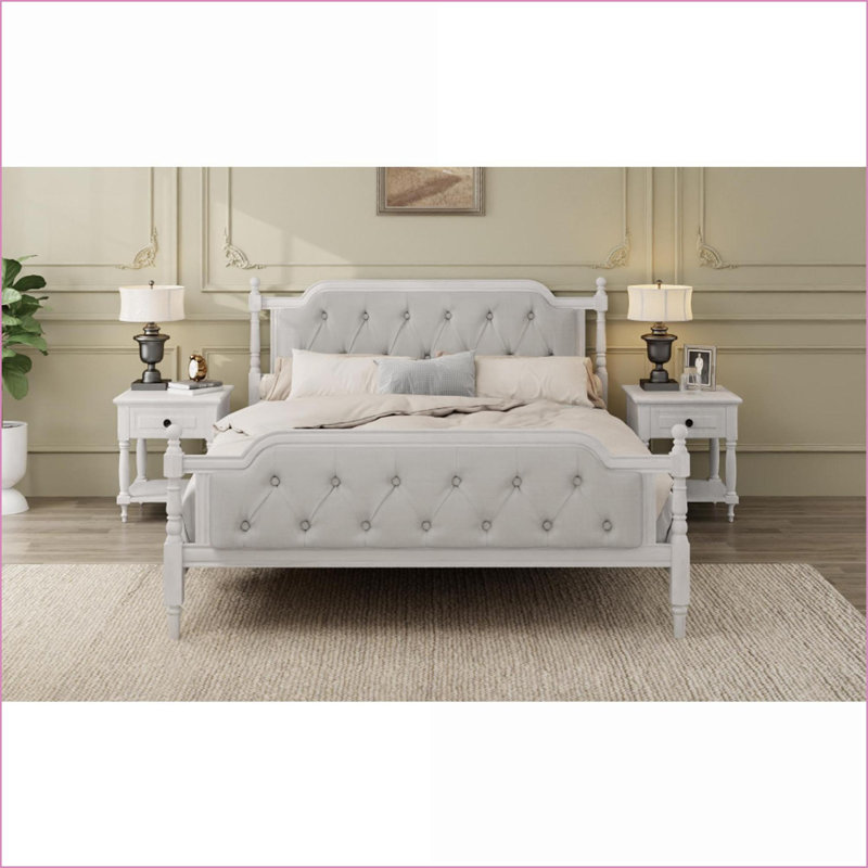 Structure de lit plateforme en bois de pin massif grand avec tête de lit en lin capitonné - aucun sommier nécessaire, blanc antique pour la chambre à coucher