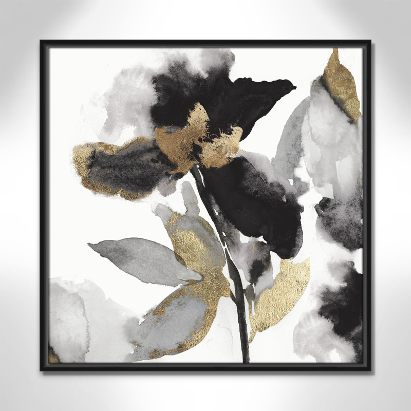 Black and Gold Floral Canvas Print with Ornate Frame, 26x26
