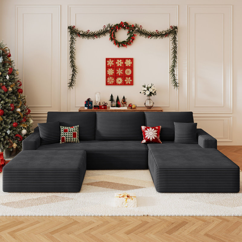 Canapé modulaire en forme de U 107 po avec velours côtelé moelleux et sièges en mousse à mémoire de forme profonde avec 1 repose-pieds pour le salon, aucun assemblage requis (blanc