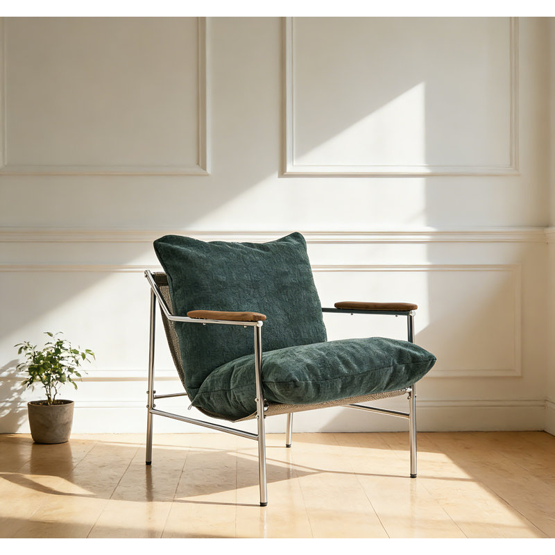 Green Chenille Arm Accent Chair With Metal Legs