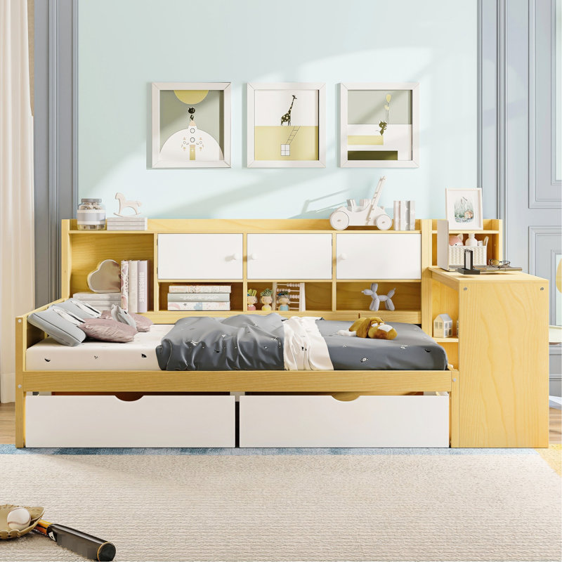 Space Saving L-Shape Daybed With Book Storage - Twin, Natural + White Drawers Twin Mattress,, Twin