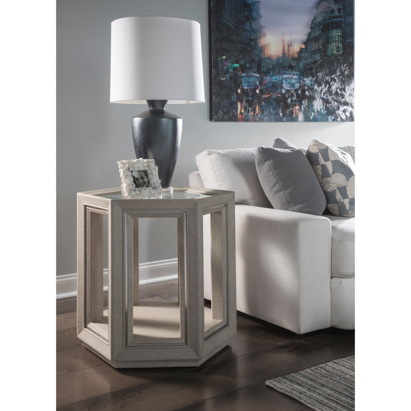 Contemporary Gray Hexagonal Wood & Glass End Table 22.50"