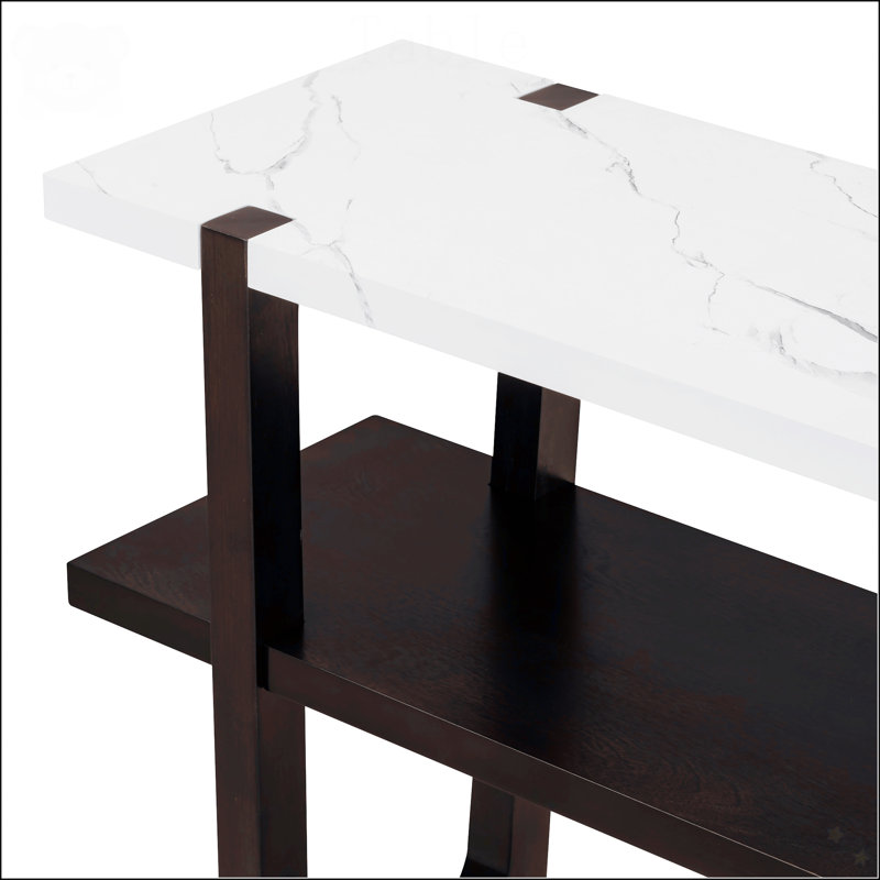 Espresso Wood Console Table with Marble-Effect Top and Storage Shelf